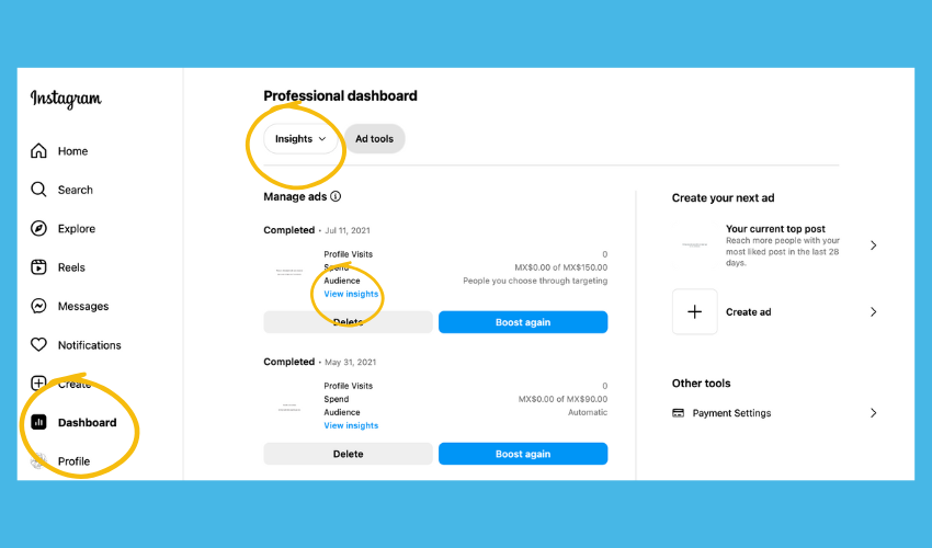 The Instagram Dashboard provides insights into each post’s performance, as well as the results for paid ads.